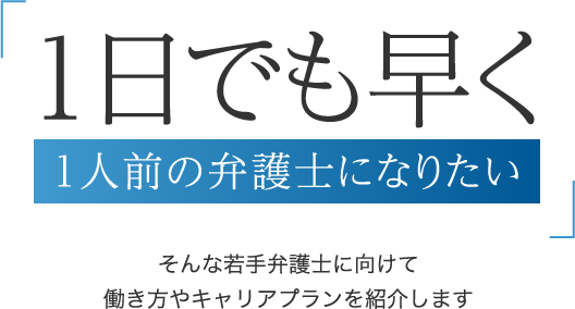 1日でも早く1人前の弁護士になりたい。そんな若手弁護士に向けて働き方やキャリアプランを紹介します。